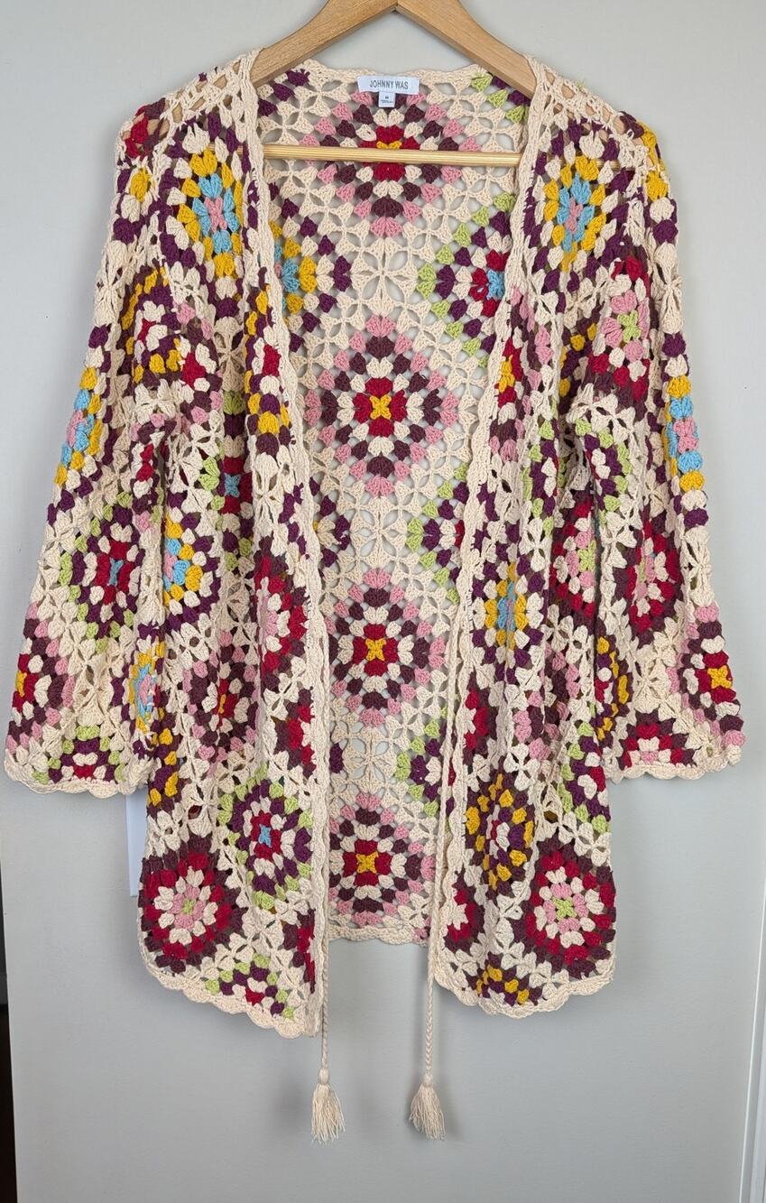 Johnny Was Granny Square Tie Front Crochet Cardigan M